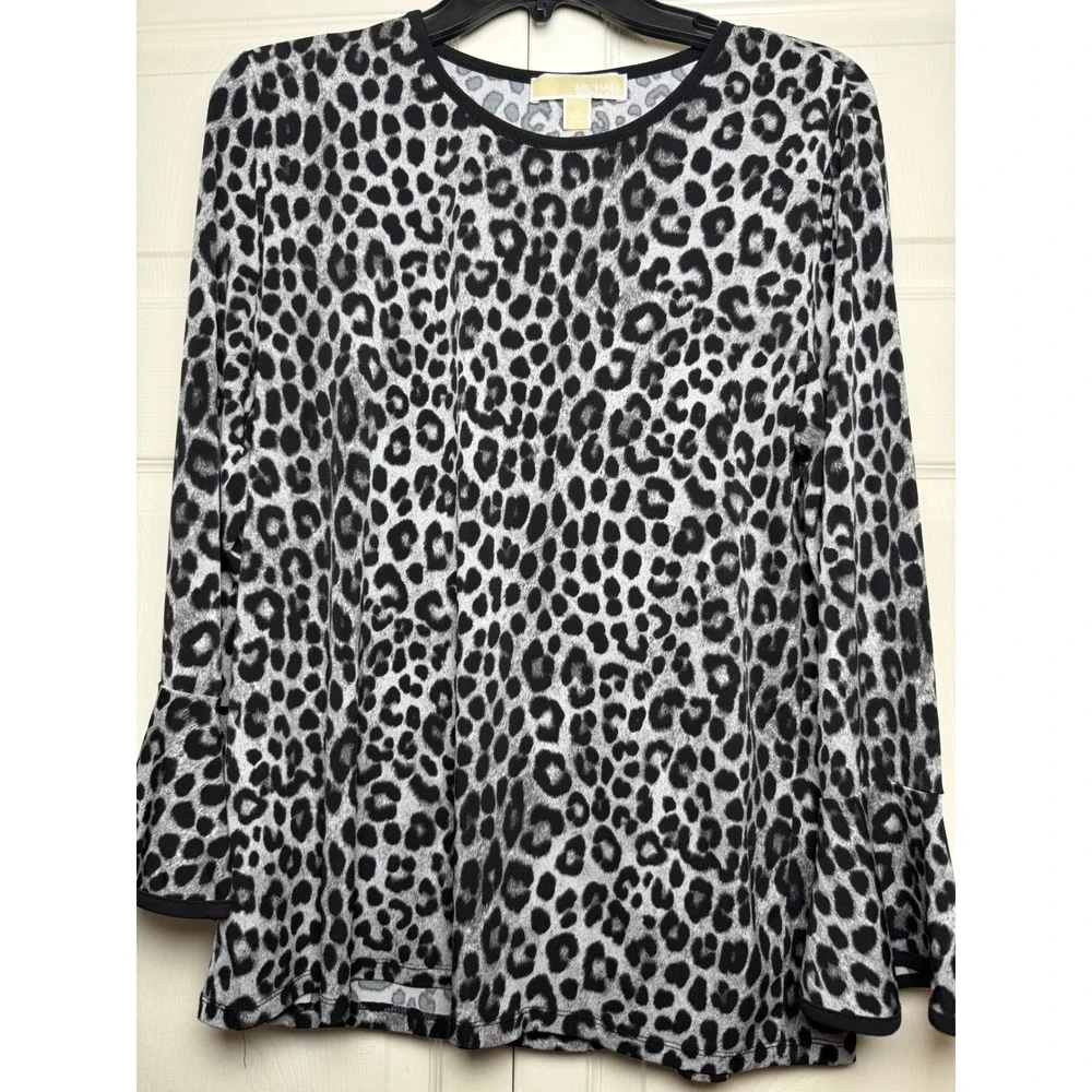 Michael Kors Womens Grey Leopard Print Bell Sleeve Crew Neck Blouse Top Large‎